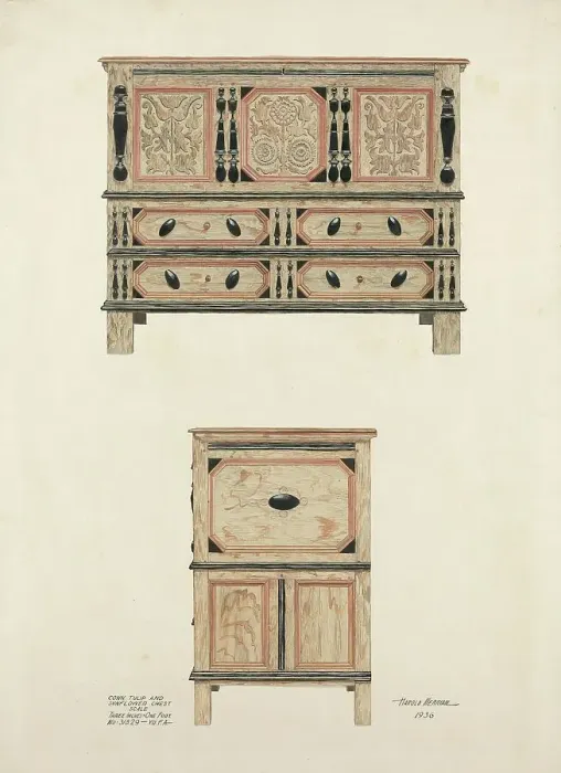 Framed Print : Tulip and Sunflower Chest, 1936. Creator: Harold Merriam Framed Print : Tulip and Sunflower Chest, 1936. Creator: Harold Merriam