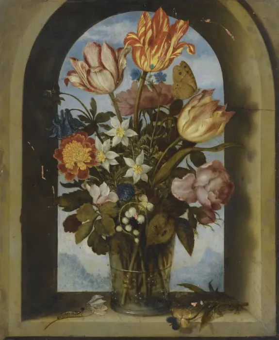 Framed Print : tulips, moss-roses, lily-of-the-valley and other flowers in a glass beaker set in an arched stone wi Framed Print : tulips, moss-roses, lily-of-the-valley and other flowers in a glass beaker set in an arched stone wi
