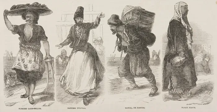 Framed Print : Turkish Cake-Seller; Dancing Dervish; Hamal, or Porter; Black Slave, 19th century. Creator: Unknown Framed Print : Turkish Cake-Seller; Dancing Dervish; Hamal, or Porter; Black Slave, 19th century. Creator: Unknown