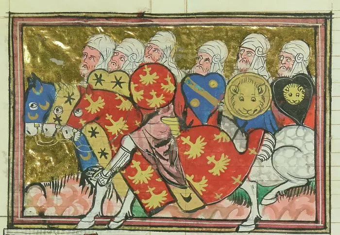 Framed Print : Turkish cavalry (From Li rommans de Godefroy de Buillon et de Salehadin'), 1337. Creator: Maître de Fauvel (active 1314-1340). Turkish cavalry (From Li rommans de Godefroy de Buillon et de Salehadin'), 1337 Framed Print : Turkish cavalry (From Li rommans de Godefroy de Buillon et de Salehadin'), 1337. Creator: Maître de Fauvel (active 1314-1340). Turkish cavalry (From Li rommans de Godefroy de Buillon et de Salehadin'), 1337