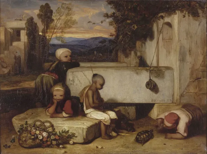 Framed Print : Turkish children playing with a turtle (Souvenir de la Turquie d Asie). Artist: Decamps, Alexandre Gabriel (1803-1860) Framed Print : Turkish children playing with a turtle (Souvenir de la Turquie d Asie). Artist: Decamps, Alexandre Gabriel (1803-1860)