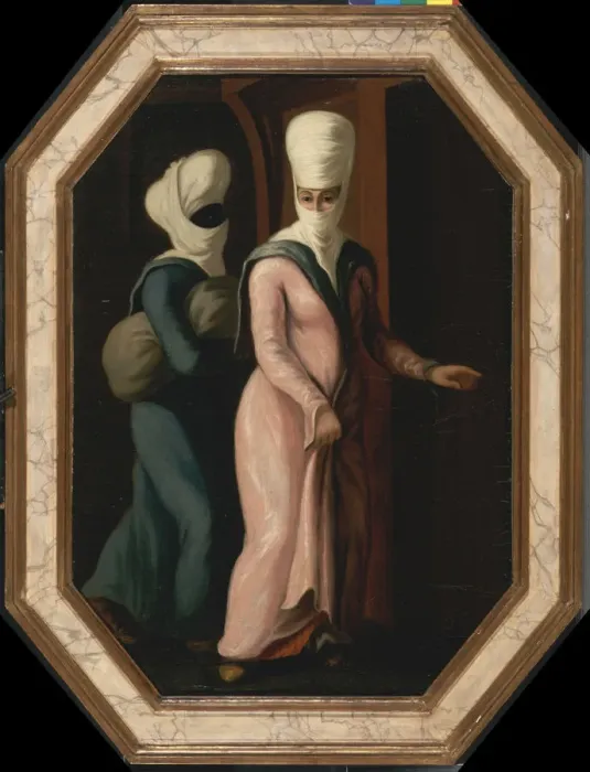 Framed Print : A Turkish Lady Going with her Slave to the Bath, ca 1760. Artist: Smith, Francis (active 1763-1780) Framed Print : A Turkish Lady Going with her Slave to the Bath, ca 1760. Artist: Smith, Francis (active 1763-1780)
