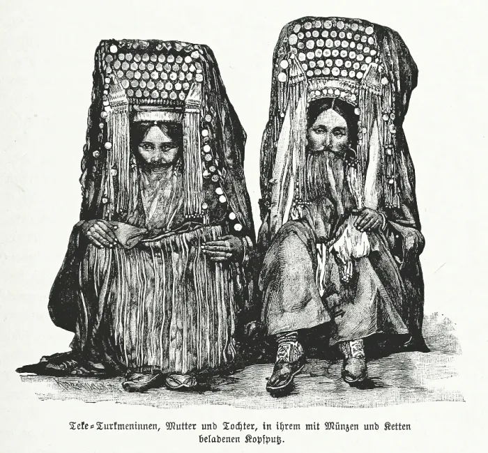 Framed Print : Turkmen mother and daughter, in their headdresses laden with coins and chains, 1892. Creator: Unknown Framed Print : Turkmen mother and daughter, in their headdresses laden with coins and chains, 1892. Creator: Unknown