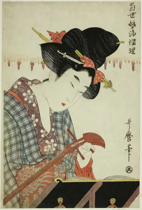 Framed Print : Turning a Shamisen (Shamisen no nejime), from the series Chanting to Shamisen by... c. 1804 / 06. Creator: Kitagawa Utamaro. Turning a Shamisen (Shamisen no nejime), from the series Chanting to Shamisen by... c. 1804 / 06 Framed Print : Turning a Shamisen (Shamisen no nejime), from the series Chanting to Shamisen by... c. 1804 / 06. Creator: Kitagawa Utamaro. Turning a Shamisen (Shamisen no nejime), from the series Chanting to Shamisen by... c. 1804 / 06