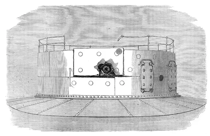 Framed Print : The turret of H.M.S. Glatton after the first shot that struck, 1872. Creator: Unknown Framed Print : The turret of H.M.S. Glatton after the first shot that struck, 1872. Creator: Unknown