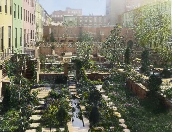 Framed Print : Turtle Bay Gardens, 227-247 East 48th Street and 228-246 East 49th Street, New York, New York, 1920. Creator: Frances Benjamin Johnston Framed Print : Turtle Bay Gardens, 227-247 East 48th Street and 228-246 East 49th Street, New York, New York, 1920. Creator: Frances Benjamin Johnston