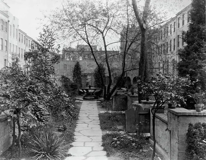 Framed Print : Turtle Bay Gardens, 227-247 East 48th Street and 228-46 East 49th Street, New York, New York, 1920. Creator: Frances Benjamin Johnston Framed Print : Turtle Bay Gardens, 227-247 East 48th Street and 228-46 East 49th Street, New York, New York, 1920. Creator: Frances Benjamin Johnston