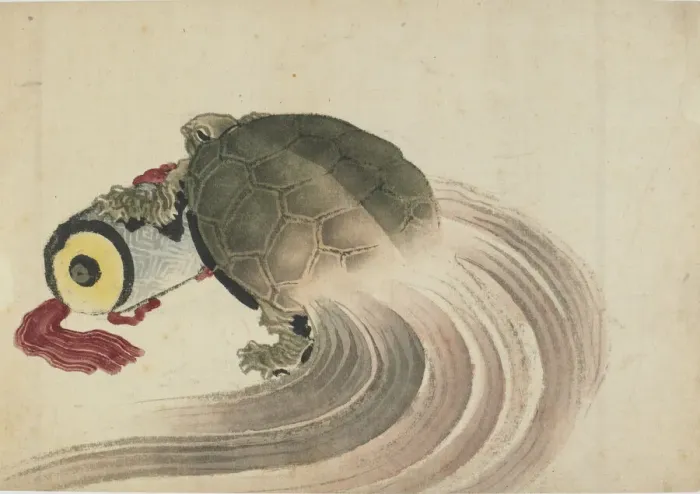 Framed Print : Turtle resting on a scroll, late 18th-early 19th century. Creator: Hokusai Framed Print : Turtle resting on a scroll, late 18th-early 19th century. Creator: Hokusai
