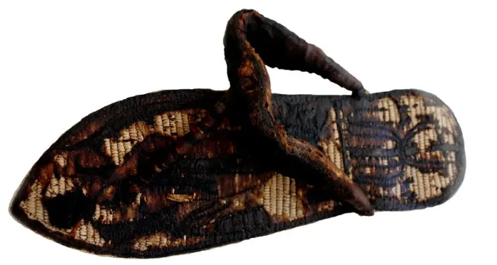 Framed Print : Tutankhamun?s sandal decorated with bound prisoners and sema-tawy symbols, 14th cen. BC. Artist: Ancient Egypt Framed Print : Tutankhamun?s sandal decorated with bound prisoners and sema-tawy symbols, 14th cen. BC. Artist: Ancient Egypt