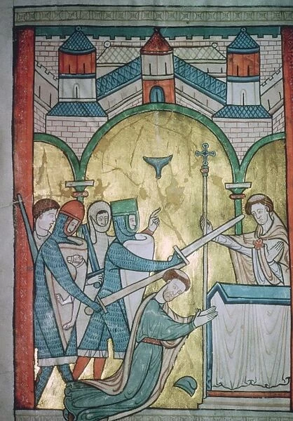 Twelfth century illustration of the murder of St Thomas-a-Becket (1118-1170) from a psalter