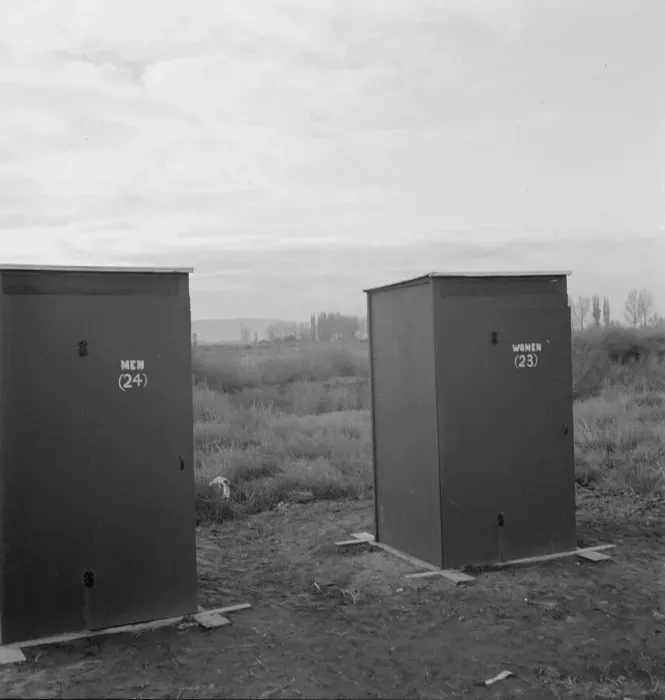 Framed Print : Twenty-four portable toilets, mobile camp (FSA), equipment, Merrill, Klamath County, Oregon, 1939. Creator: Dorothea Lange Framed Print : Twenty-four portable toilets, mobile camp (FSA), equipment, Merrill, Klamath County, Oregon, 1939. Creator: Dorothea Lange