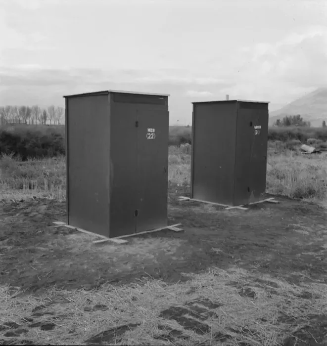 Framed Print : Twenty-four portable toilets, mobile camp (FSA)... Merrill, Klamath County, Oregon, 1939. Creator: Dorothea Lange Framed Print : Twenty-four portable toilets, mobile camp (FSA)... Merrill, Klamath County, Oregon, 1939. Creator: Dorothea Lange