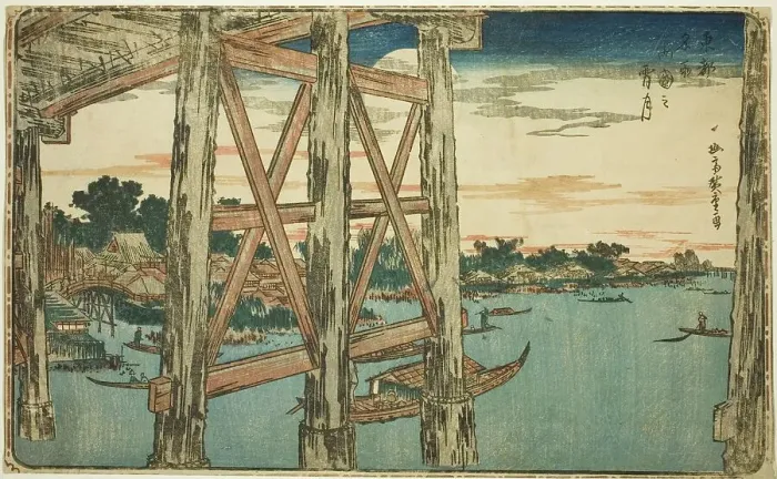 Framed Print : Twilight Moon at the Ryogoku Bridge (Ryogoku no yoizuki), from the series Famous Views... c. 1831. Creator: Ando Hiroshige. Twilight Moon at the Ryogoku Bridge (Ryogoku no yoizuki), from the series Famous Views... c. 1831 Framed Print : Twilight Moon at the Ryogoku Bridge (Ryogoku no yoizuki), from the series Famous Views... c. 1831. Creator: Ando Hiroshige. Twilight Moon at the Ryogoku Bridge (Ryogoku no yoizuki), from the series Famous Views... c. 1831