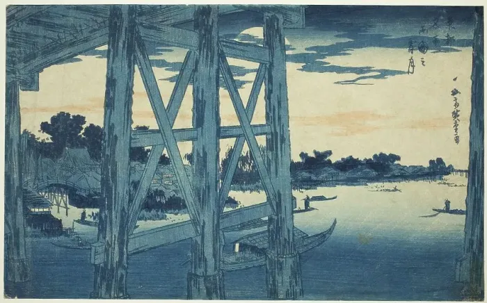 Framed Print : Twilight Moon at the Ryogoku Bridge (Ryogoku no yoizuki), from the series Famous Views... c. 1831. Creator: Ando Hiroshige. Twilight Moon at the Ryogoku Bridge (Ryogoku no yoizuki), from the series Famous Views... c. 1831 Framed Print : Twilight Moon at the Ryogoku Bridge (Ryogoku no yoizuki), from the series Famous Views... c. 1831. Creator: Ando Hiroshige. Twilight Moon at the Ryogoku Bridge (Ryogoku no yoizuki), from the series Famous Views... c. 1831