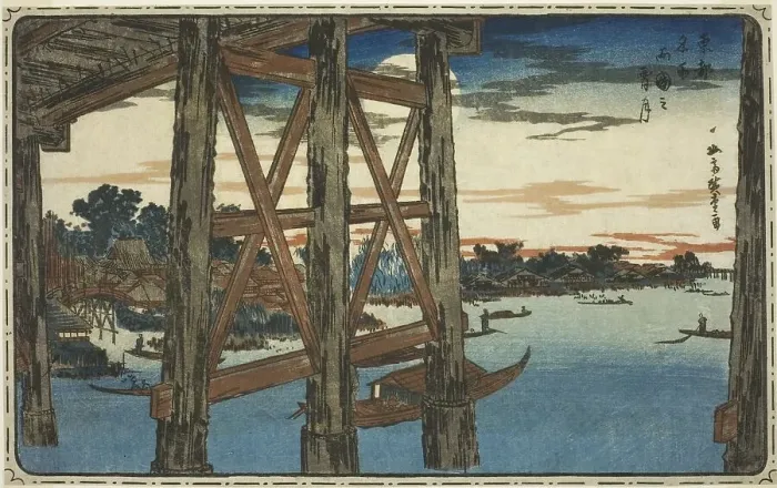 Framed Print : Twilight Moon at the Ryogoku Bridge (Ryogoku no yoizuki), from the series Famous Views... c. 1831. Creator: Ando Hiroshige. Twilight Moon at the Ryogoku Bridge (Ryogoku no yoizuki), from the series Famous Views... c. 1831 Framed Print : Twilight Moon at the Ryogoku Bridge (Ryogoku no yoizuki), from the series Famous Views... c. 1831. Creator: Ando Hiroshige. Twilight Moon at the Ryogoku Bridge (Ryogoku no yoizuki), from the series Famous Views... c. 1831