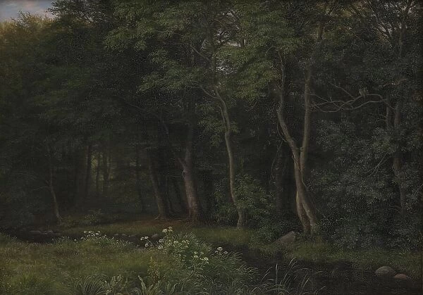 Twilight Setting in a Wood near Iselingen Manor, Zealand, 1860. Creator: Peter Christian Thamsen Skovgaard