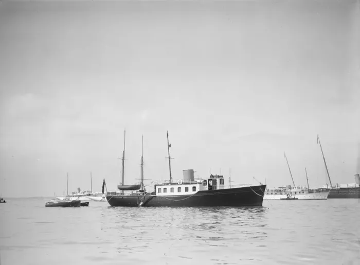 Framed Print : The twin screw 80ft motor yacht Bystander at anchor, 1934. Creator: Kirk & Sons of Cowes Framed Print : The twin screw 80ft motor yacht Bystander at anchor, 1934. Creator: Kirk & Sons of Cowes