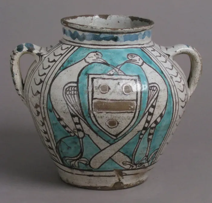 Framed Print : Two-Handled Jar with Birds and a Coat of Arms, Italian, early 1400s. Creator: Unknown Framed Print : Two-Handled Jar with Birds and a Coat of Arms, Italian, early 1400s. Creator: Unknown