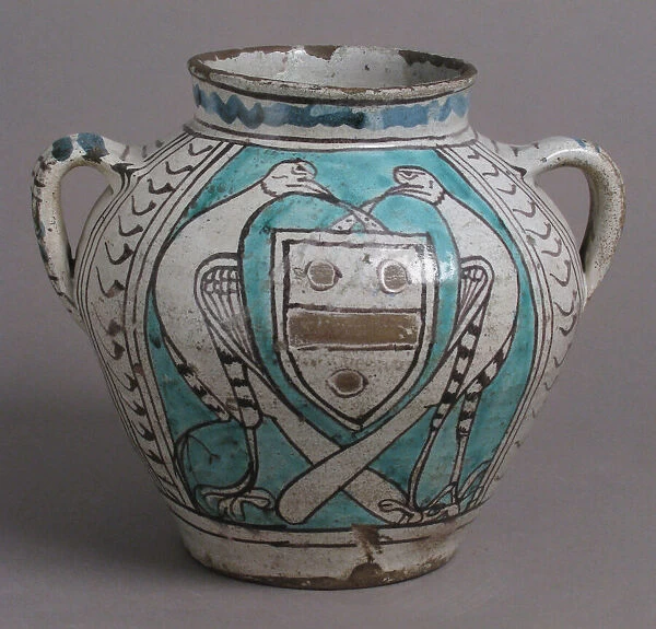 Two-Handled Jar with Birds and a Coat of Arms, Italian, early 1400s. Creator: Unknown