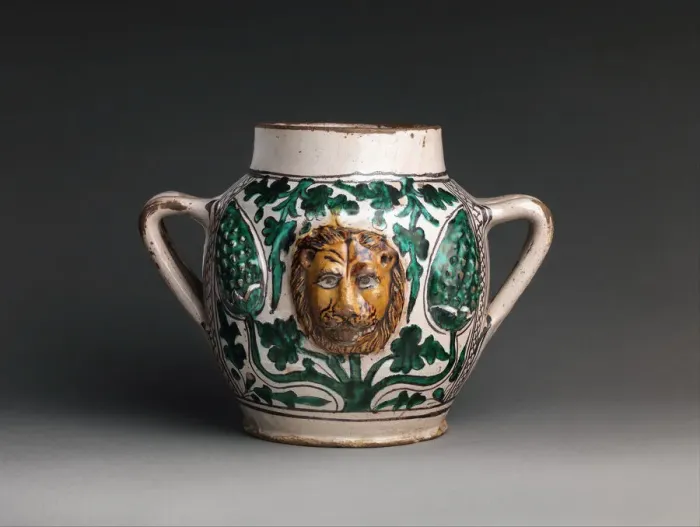 Framed Print : Two-Handled Jar with Lions Heads, Italian, early 15th century. Creator: Unknown Framed Print : Two-Handled Jar with Lions Heads, Italian, early 15th century. Creator: Unknown