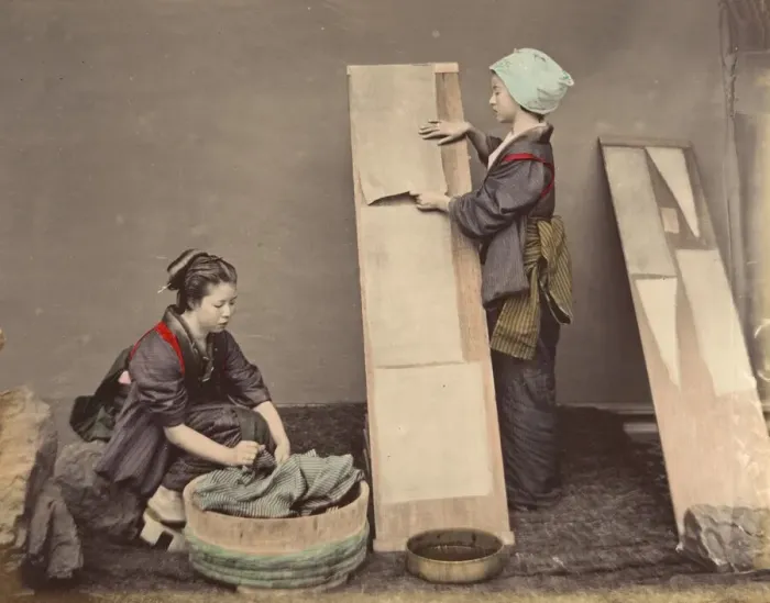 Framed Print : [Two Japanese Women Posing with Laundry], 1870s. Creator: Unknown