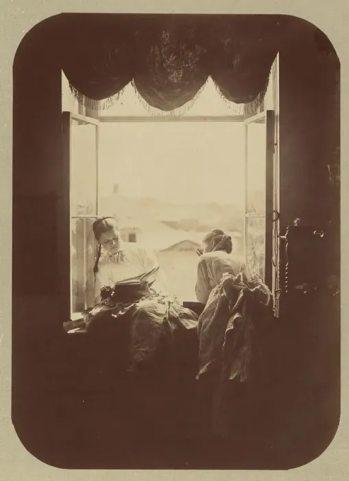 Framed Print : [Two Young Women at Window], ca. 1870. Creator: Andrei Osipovich Karelin