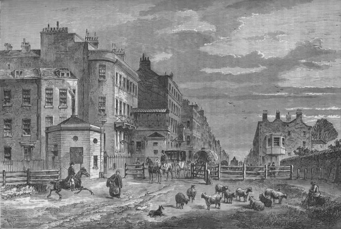 Framed Print : Tyburn Turnpike, Westminster, London, 1820 (1878) Framed Print : Tyburn Turnpike, Westminster, London, 1820 (1878)