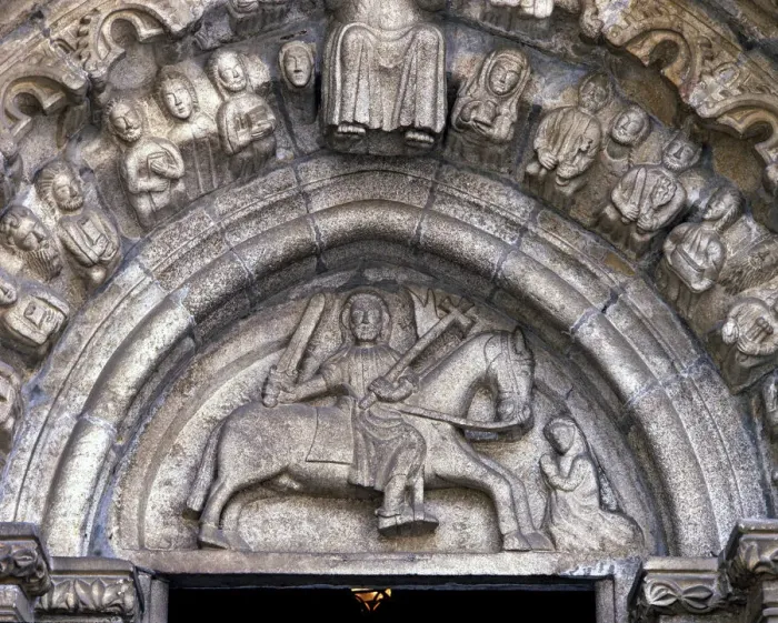 Framed Print : Detail of the tympanum with the image of Santiago on horseback at the Church of Santiago Framed Print : Detail of the tympanum with the image of Santiago on horseback at the Church of Santiago