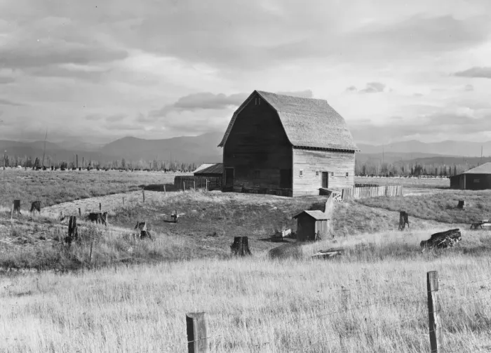 Framed Print : Type barn, characteristic of Idaho, on farm of older settler, Boundary County, Idaho, 1939. Creator: Dorothea Lange Framed Print : Type barn, characteristic of Idaho, on farm of older settler, Boundary County, Idaho, 1939. Creator: Dorothea Lange