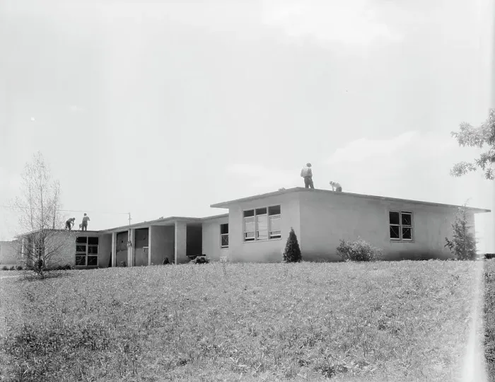 Framed Print : Type house for two families (incomplete), Hightstown, New Jersey, 1936. Creator: Dorothea Lange Framed Print : Type house for two families (incomplete), Hightstown, New Jersey, 1936. Creator: Dorothea Lange
