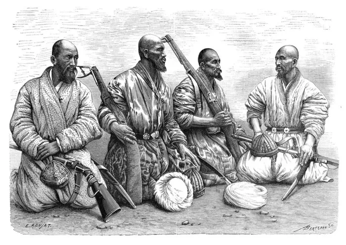 Framed Print : Types and costumes from Chinese Turkestan, c1890. Artist: A Bertrand Framed Print : Types and costumes from Chinese Turkestan, c1890. Artist: A Bertrand