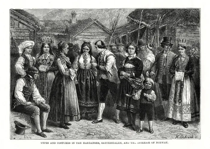 Framed Print : Types and costumes in Norway, 1879. Artist: Hildibrand Framed Print : Types and costumes in Norway, 1879. Artist: Hildibrand
