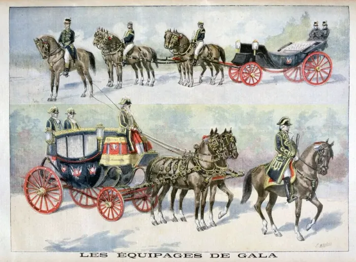 Framed Print : Types of gala coachs, 1896. Artist: F Meaulle Framed Print : Types of gala coachs, 1896. Artist: F Meaulle