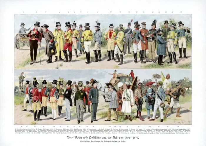 Framed Print : Types of postmen from 1800-1870, (1900) Framed Print : Types of postmen from 1800-1870, (1900)