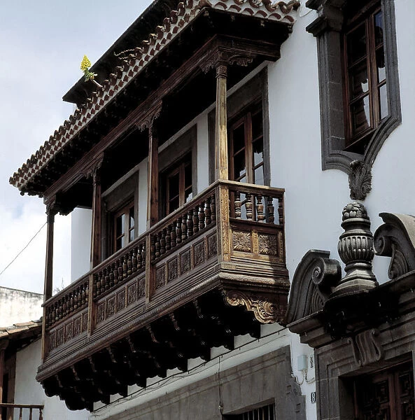 Detail of a typical balcony made in Tea pine wood in the city of Teror, Grand Canary