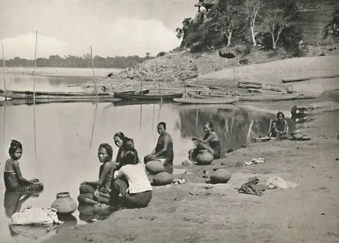 Framed Print : Typical Riverside Scene on the great Irrawaddy - Women bathing and drawing water, 1900 Framed Print : Typical Riverside Scene on the great Irrawaddy - Women bathing and drawing water, 1900