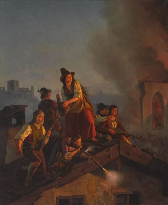 Framed Print : A Tyrolean peasant family defends their house against attacking soldiers. (Scene from the 1809 Tyrol Framed Print : A Tyrolean peasant family defends their house against attacking soldiers. (Scene from the 1809 Tyrol