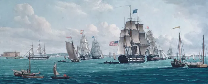 Framed Print : The U. S. Ship Franklin, with a View of the Bay of New York, 1820s or 1830s. Creator Framed Print : The U. S. Ship Franklin, with a View of the Bay of New York, 1820s or 1830s. Creator