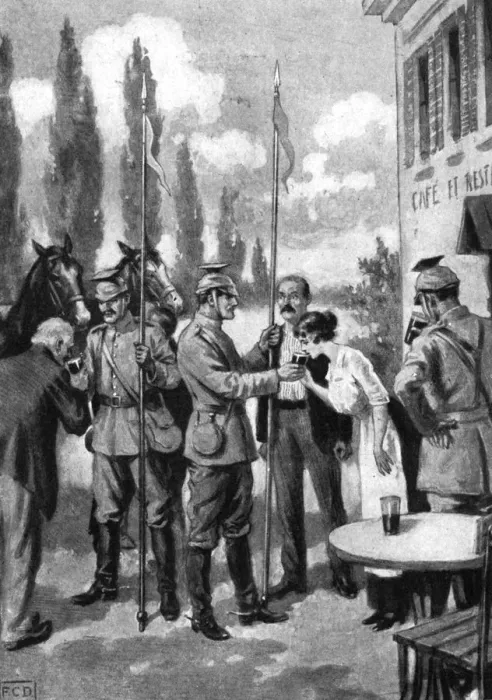Framed Print : Uhlans demanding refreshments from Belgian villagers, First World War, 1914 Framed Print : Uhlans demanding refreshments from Belgian villagers, First World War, 1914