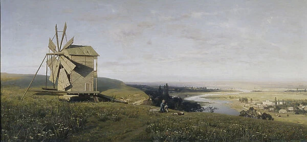 Ukrainian landscape with windmill, 1882. Artist: Orlovsky, Vladimir Donatovich (1842-1914)