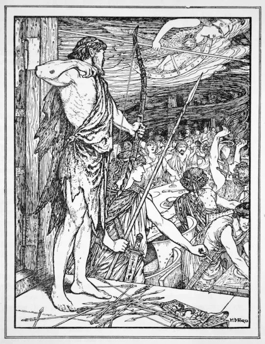 Framed Print : Ulysses Shoots the First Arrow at the Wooers, 1926. Artist: Henry Justice Ford Framed Print : Ulysses Shoots the First Arrow at the Wooers, 1926. Artist: Henry Justice Ford