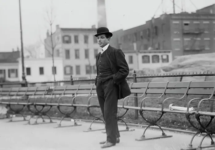 Framed Print : Umberto Blaisie standing in front of park benches, 1910. Creator: Bain News Service Framed Print : Umberto Blaisie standing in front of park benches, 1910. Creator: Bain News Service
