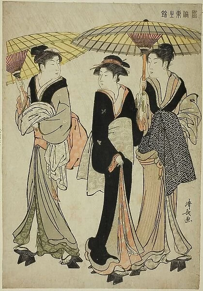 Under Umbrellas in a Shower, from the series 'A Brocade of Eastern Manners (Fuzoku...', c1783 / 84. Creator: Torii Kiyonaga. Under Umbrellas in a Shower, from the series 'A Brocade of Eastern Manners (Fuzoku...', c1783 / 84)