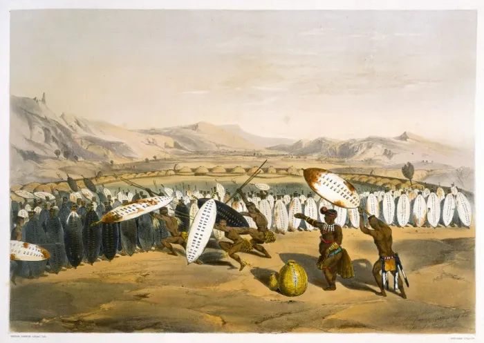 Framed Print : Umpanda Reviewing his Troops at Nonduengi, 1849. Artist: George French Angas Framed Print : Umpanda Reviewing his Troops at Nonduengi, 1849. Artist: George French Angas
