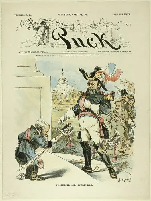 Framed Print : Unconditional Surrender, from Puck, published April 17, 1889. Creator: Louis Dalrymple