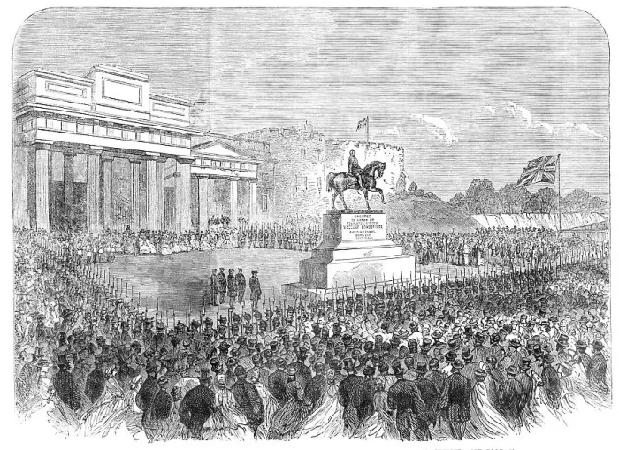 Framed Print : Uncovering the equestrian statue of the late Field Marshal Lord Combermere at Chester, 1865. Creator: Unknown Framed Print : Uncovering the equestrian statue of the late Field Marshal Lord Combermere at Chester, 1865. Creator: Unknown