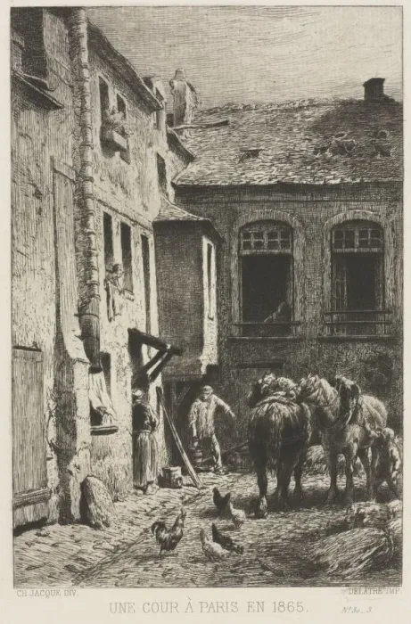 Framed Print : Une Cour a Paris, 1865. Creator: Charles-Emile Jacque (French, 1813-1894) Framed Print : Une Cour a Paris, 1865. Creator: Charles-Emile Jacque (French, 1813-1894)