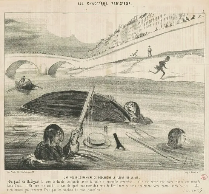Framed Print : Une nouvelle maniére de descendre le fleuve de la vie, 19th century. Creator: Honore Daumier Framed Print : Une nouvelle maniére de descendre le fleuve de la vie, 19th century. Creator: Honore Daumier