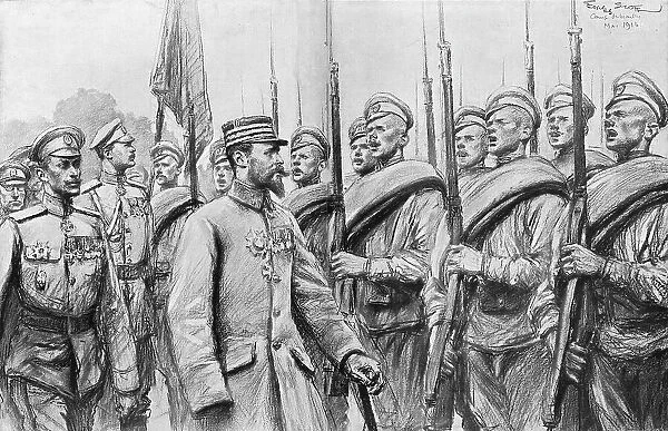 Une revue des regiments Russes au camp de Mailly; Au passage des generaux... 1916. Creator: Georges Bertin Scott