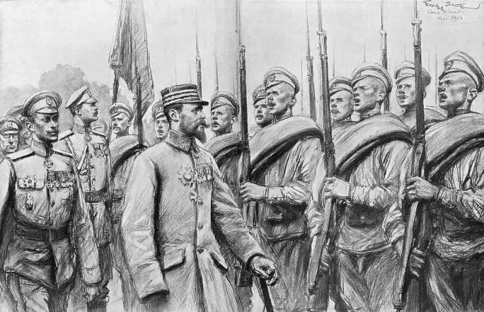 Framed Print : Une revue des regiments Russes au camp de Mailly; Au passage des generaux... 1916. Creator: Georges Bertin Scott Framed Print : Une revue des regiments Russes au camp de Mailly; Au passage des generaux... 1916. Creator: Georges Bertin Scott